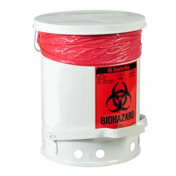 JUSTRITE Biohazard Waste Can, 6 Gallon, Foot-Operated Self-Closing Cover, White