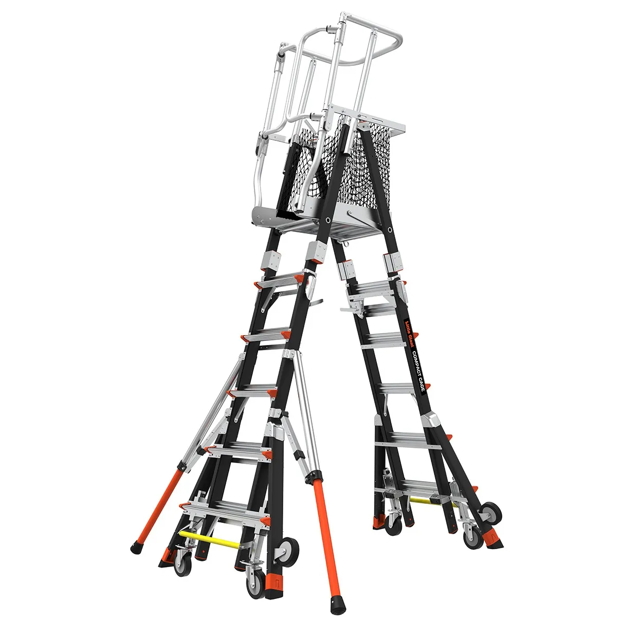 Little Giant COMPACT CAGE, 6'-10' Model - ANSI Type IAA - 375 lb Rated, Fiberglass Adjustable Enclosed Elevated Platform with Side-tip Wheels, Outriggers, Net and Wheel Lift - 19506-244