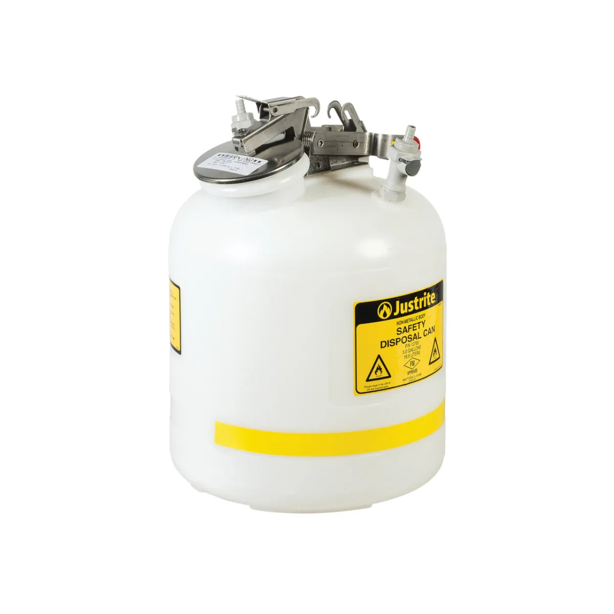 Justrite 5 Gallon, Polyethylene Quick-Disconnect Disposal Safety Can, Polypropylene Fittings for 3/8" Tubing, White - PP12755