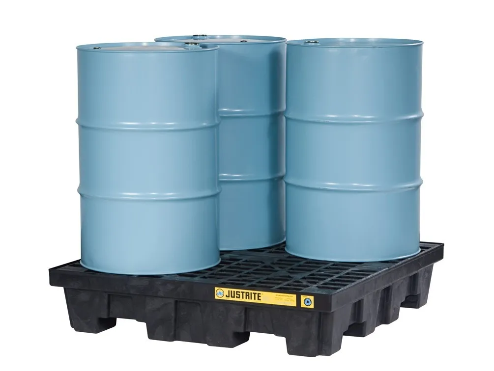 Justrite EcoPolyBlend™ Spill Control Pallet, 4 Drum Square, Recycled Polyethylene, Black - 28635