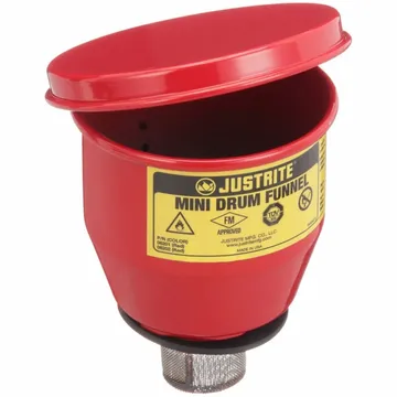 Justrite 4.5" Steel Drum Funnel for 5-Gallon Steel Pails, Flame Arrester, Manual Close Cover, 2" Bung, Red - 08202