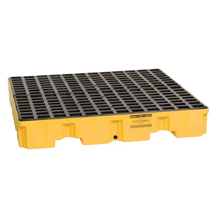 Justrite Eagle 1645 Yellow 4-Drum Plastic Pallet with Drain for safe storage