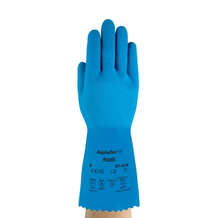 Ansell AlphaTec 87-029 Chemical Resistant Rubber Gloves with curved fingers and seamless nylon liner