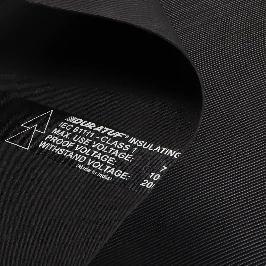 Duratuf IEC 61111 Class 0 electrical insulating rubber mat in black with fine ribbed anti-skid surface