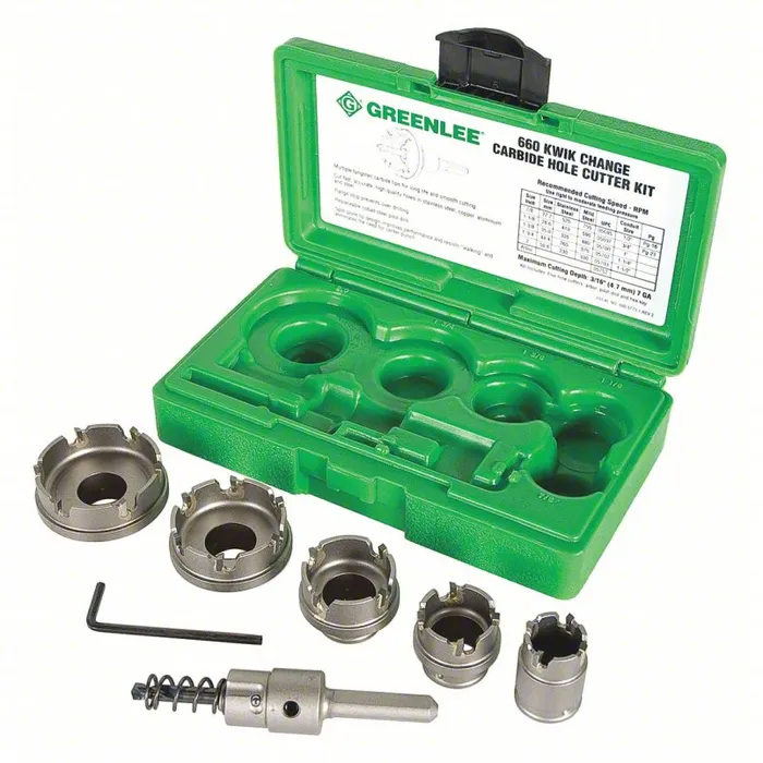 GREENLEE Hole Cutter Kit, 8 Pieces, Saw Size Range 7/8 in to 2 in, Max Cutting Depth 1/8 in - SKU 34F138
