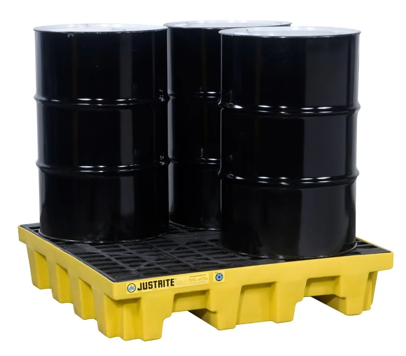 Justrite EcoPolyBlend 4-drum spill control pallet in yellow, model 28634