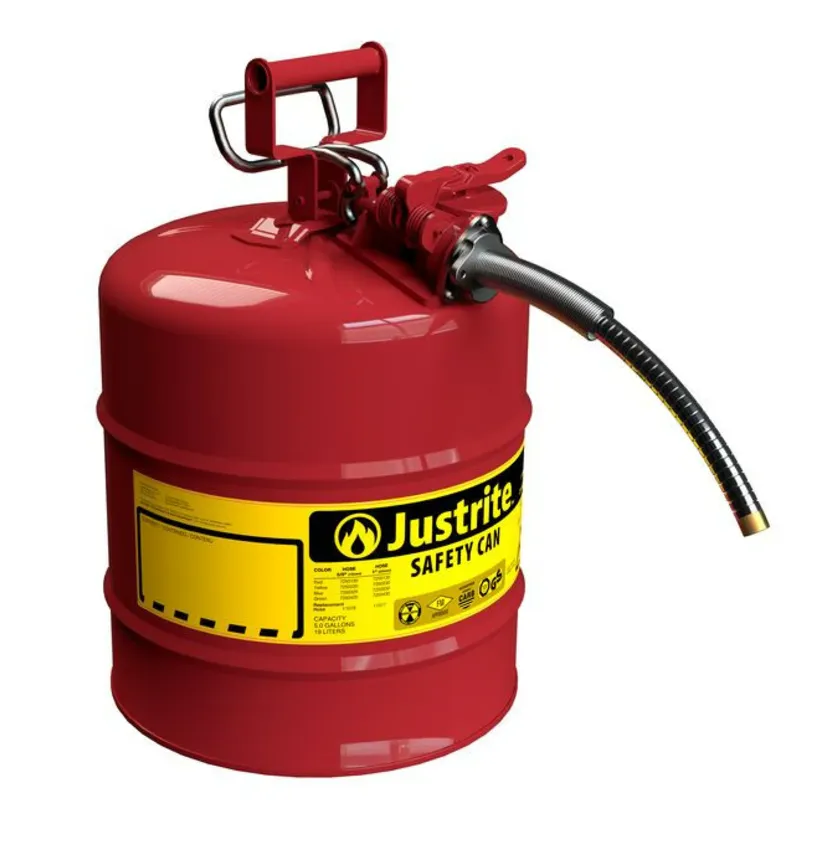 JUSTRITE 5 Gallon Steel Safety Can with 5/8" Metal Hose, Type II, AccuFlow™, Red - 7250120