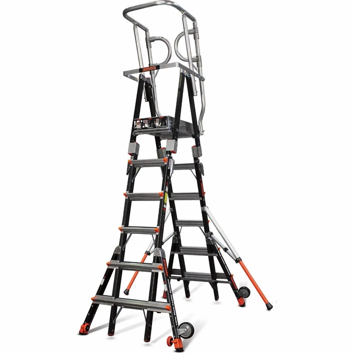 Little Giant Cage-Compact  COMPACT CAGE, 6'-10' Model - ANSI Type IAA - 375 lb Rated, Fiberglass Adjustable Enclosed Elevated Platform with Side-tip Wheels and RATCHET Levelers - 19506-815 