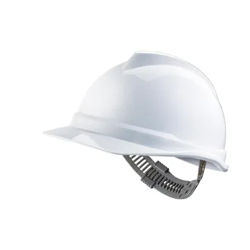 خوذة أمان MSA، قبعة صلبة على شكل قبعة من البولي إيثيلين V-Gard® مع نظام تعليق بسقاطة 4 نقاط/STAZ-ON، باللون الأبيض