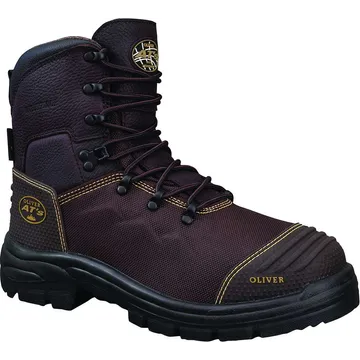 OLIVER 65-490 brown safety lace-up boot showing waterproof and caustic-resistant features