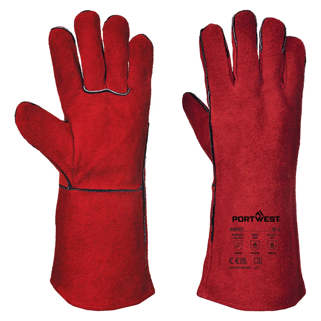 Portwest A500RERM red leather welders gauntlet gloves made from split cowhide