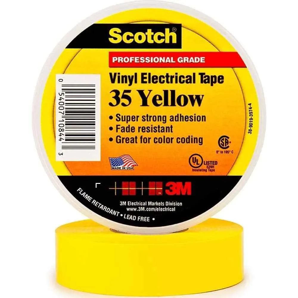 Scotch® Vinyl Color-Coding Electrical Tape 35, Yellow, 7.0 mil, 1/2 in x 20 ft, Pack of 100 Rolls
