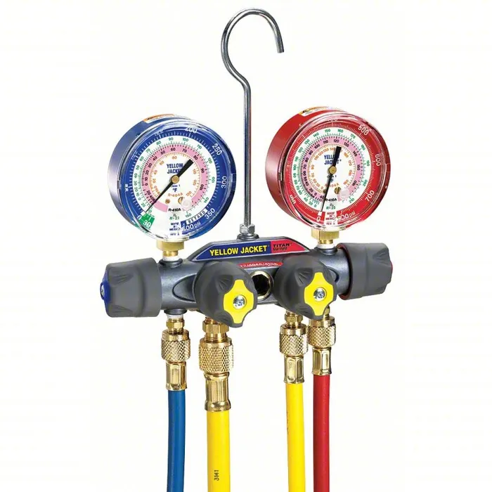 Yellow Jacket Mechanical Manifold Gauge Set 29AU14 with 4 valves and 4 hoses
